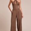 Chocolate Woven Halterneck Trim Wide Leg Jumpsuit