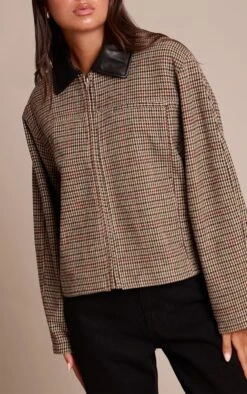 Prettylittlething Brown Checked PU Collar Zip Up Jacket -Pretty Little Thing Shop 4465218d31caafe4602c23bd1e553c50dfb55350 CNN8535 4 brown checked pu collar zup up jacket