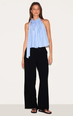 Prettylittlething Blue Pinstripe Ruched Tie Neck Top -Pretty Little Thing Shop 447ccf565469e910e503d581713391adc42b62de CNM4054 3 blue pinstripe ruched tie neck top