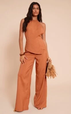 Prettylittlething Rust Textured Woven Halter Neck Jumpsuit