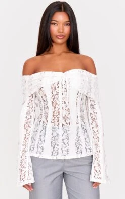 Prettylittlething White Fitted Lace Flared Sleeve Bardot Top