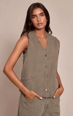 Prettylittlething Dark Khaki Sleeveless Button Down Denim Vest -Pretty Little Thing Shop 44ea6e3efeb8a29a1cc0b648fd70f6c1141bd487 CNN2894 4 dark khaki sleeveless button down denim waistcoat