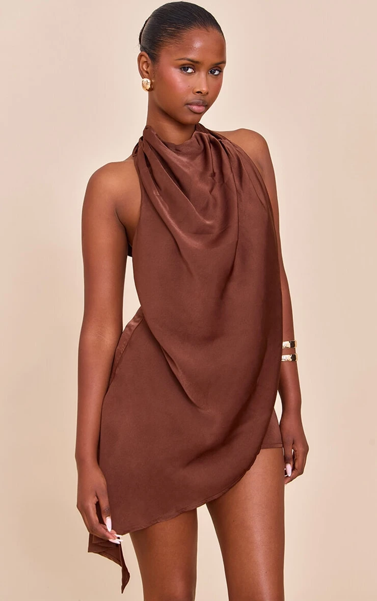 Prettylittlething Chocolate Satin Halterneck Romper 1 Prettylittlething Chocolate Satin Halterneck Romper