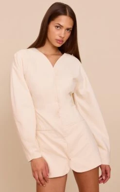 Prettylittlething Natural Woven Balloon Sleeve Collarless Blazer Dress