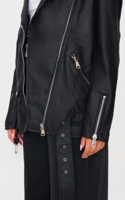 Prettylittlething Black Faux Leather Longline Belted Biker Jacket -Pretty Little Thing Shop 45029568d1ea2c343a7aae009bbafaea6f10d7ac cmo5345 4