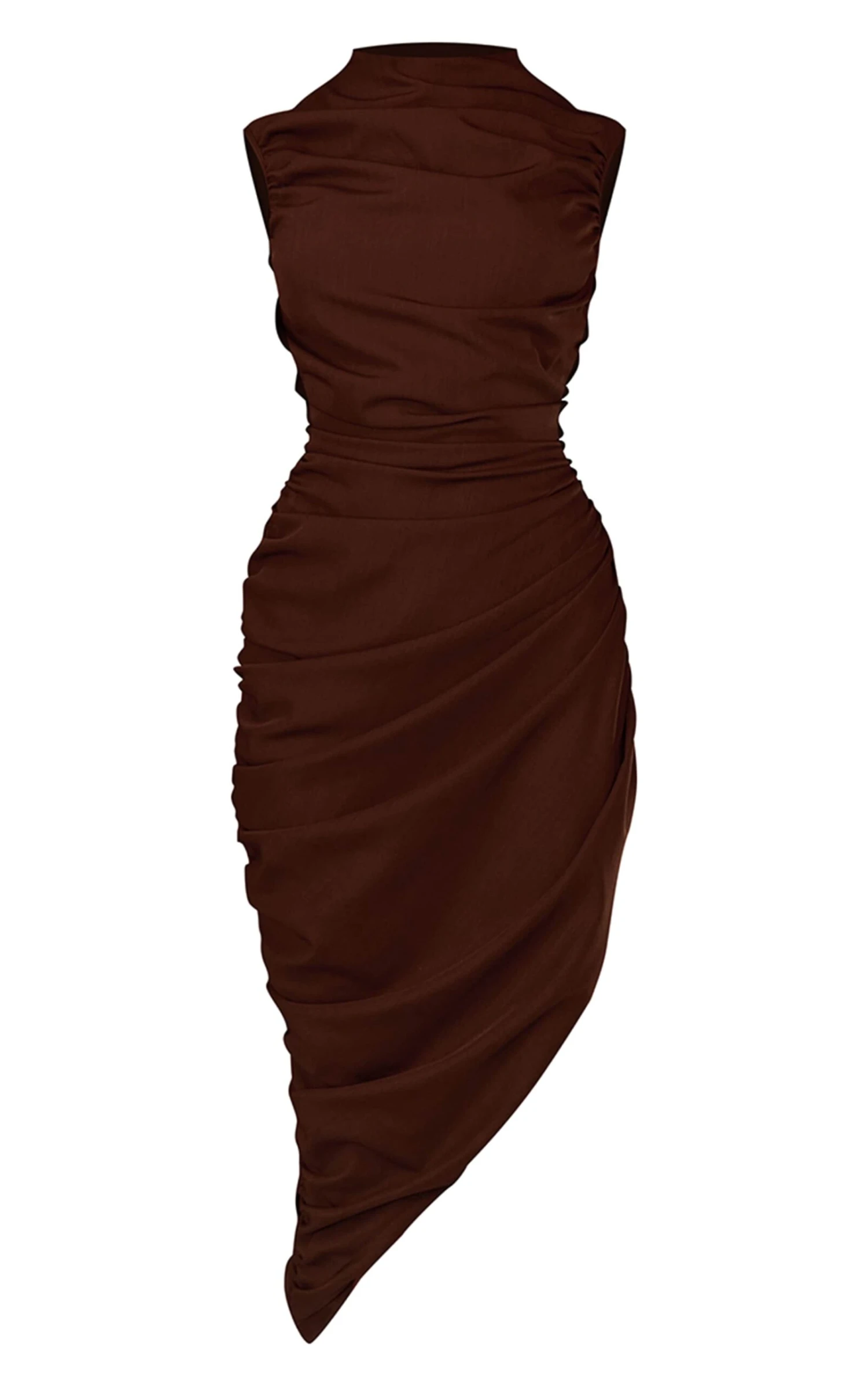 Prettylittlething PLT Label Chocolate Brown Ruched Asymmetric Midaxi Dress - Image 5