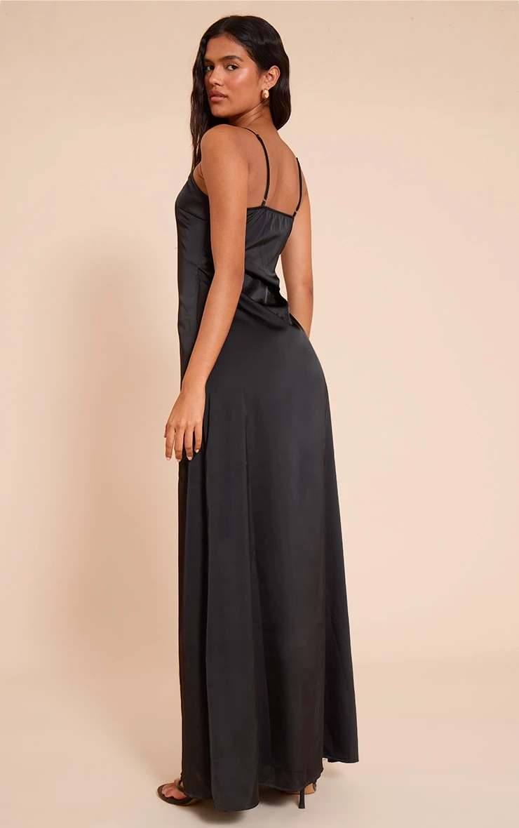 Prettylittlething Black Satin Scoop Neck Spaghetti Strap Maxi Dress 2 Prettylittlething Black Satin Scoop Neck Spaghetti Strap Maxi Dress - Image 2