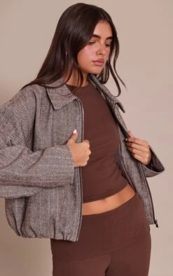 Prettylittlething Chocolate Herringbone Bomber Jacket -Pretty Little Thing Shop 4560d688b6b2fb6743323c79ad2704077578d732 CNN8518 4 chocolate herringbone bomber jacket