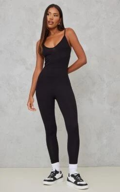 Prettylittlething Black Basic Strappy Plunge Jumpsuit