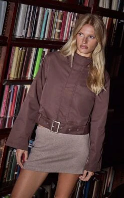 Prettylittlething Chocolate Cropped Belted Biker Trench Coat