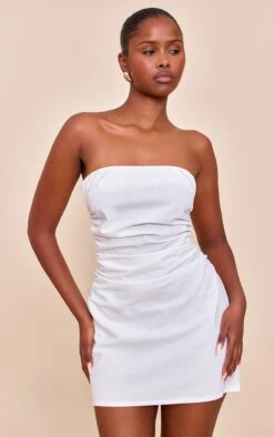 Prettylittlething White Bandeau Ruched Mini Shift Dress
