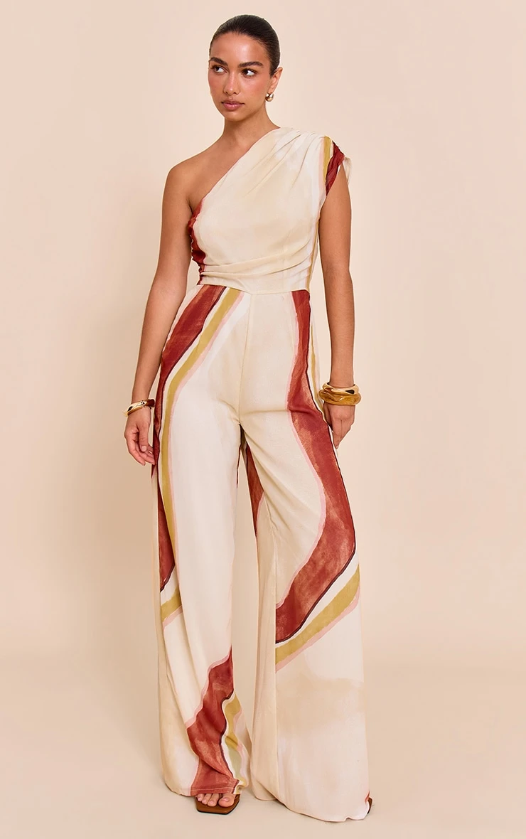 Prettylittlething Cream Abstract Chiffon One Shoulder Ruched Jumpsuit 1 Prettylittlething Cream Abstract Chiffon One Shoulder Ruched Jumpsuit