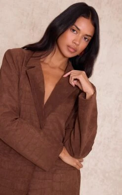 Prettylittlething Chocolate Croc Suede Blazer