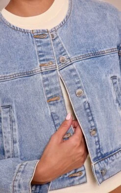 Prettylittlething Mid Blue Wash Collarless Cropped Denim Jacket -Pretty Little Thing Shop 461a92377cd6e5c602ee75432b3d2dbc41c01570 CNN2821 4 mid blue wash collarless cropped denim jacket