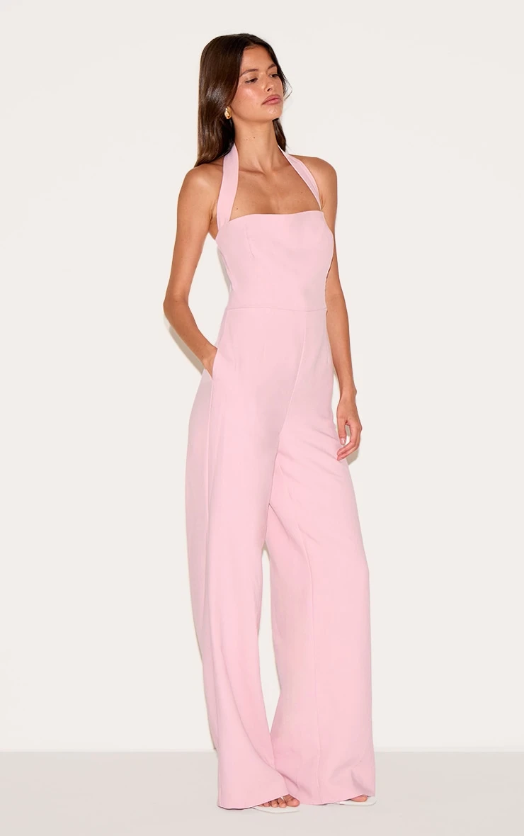 Prettylittlething Dusty Pink Premium Woven Halterneck Straight Leg Jumpsuit - Image 3