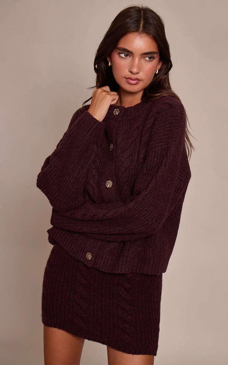 Chocolate Plum Cable Knit Button Through Cardigan 1 Chocolate Plum Cable Knit Button Through Cardigan