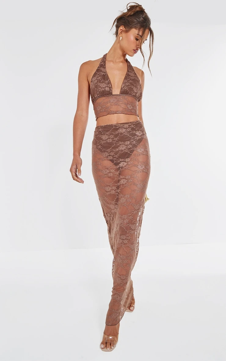 Prettylittlething Brown Lace Sheer Maxi Skirt 1 Prettylittlething Brown Lace Sheer Maxi Skirt