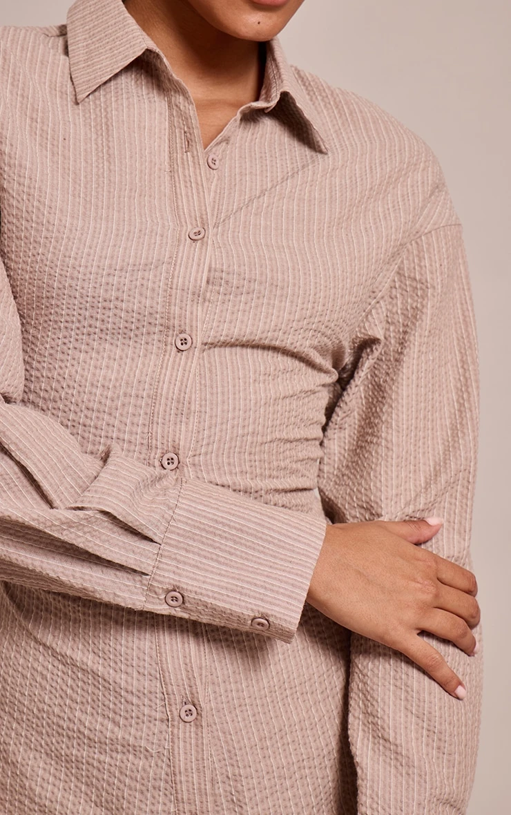 Prettylittlething Taupe Pinstripe Seersucker Cinched Waist Shirt Dress 4 Prettylittlething Taupe Pinstripe Seersucker Cinched Waist Shirt Dress - Image 4