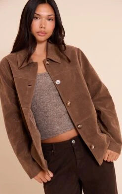 Prettylittlething Mocha Suede Button Detail Jacket