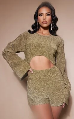 Gold Glitter Plisse Flare Sleeve Cut Out Romper