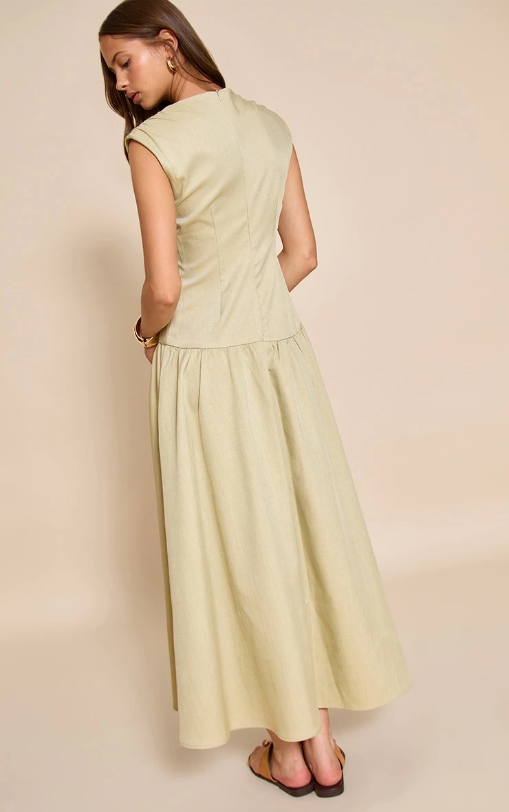 Prettylittlething Sage Woven Boat Neck Dropped Waist Maxi Dress - Image 2