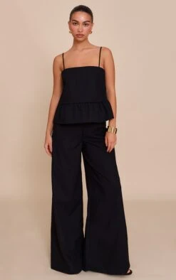 Prettylittlething Black Linen Blend Peplum Detail Overlay Jumpsuit