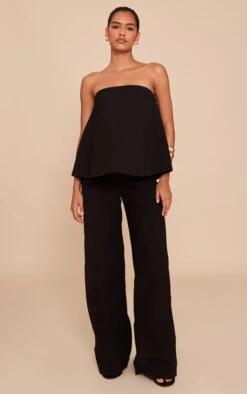 Prettylittlething Black Structured Woven Peplum Straight Leg Jumpsuit