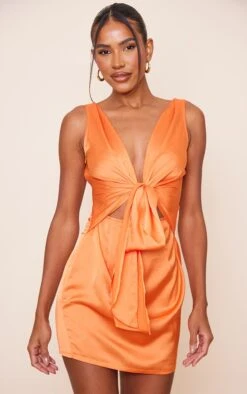 Prettylittlething Orange Satin Extreme Plunge Tie Waist Drape Bodycon Dress