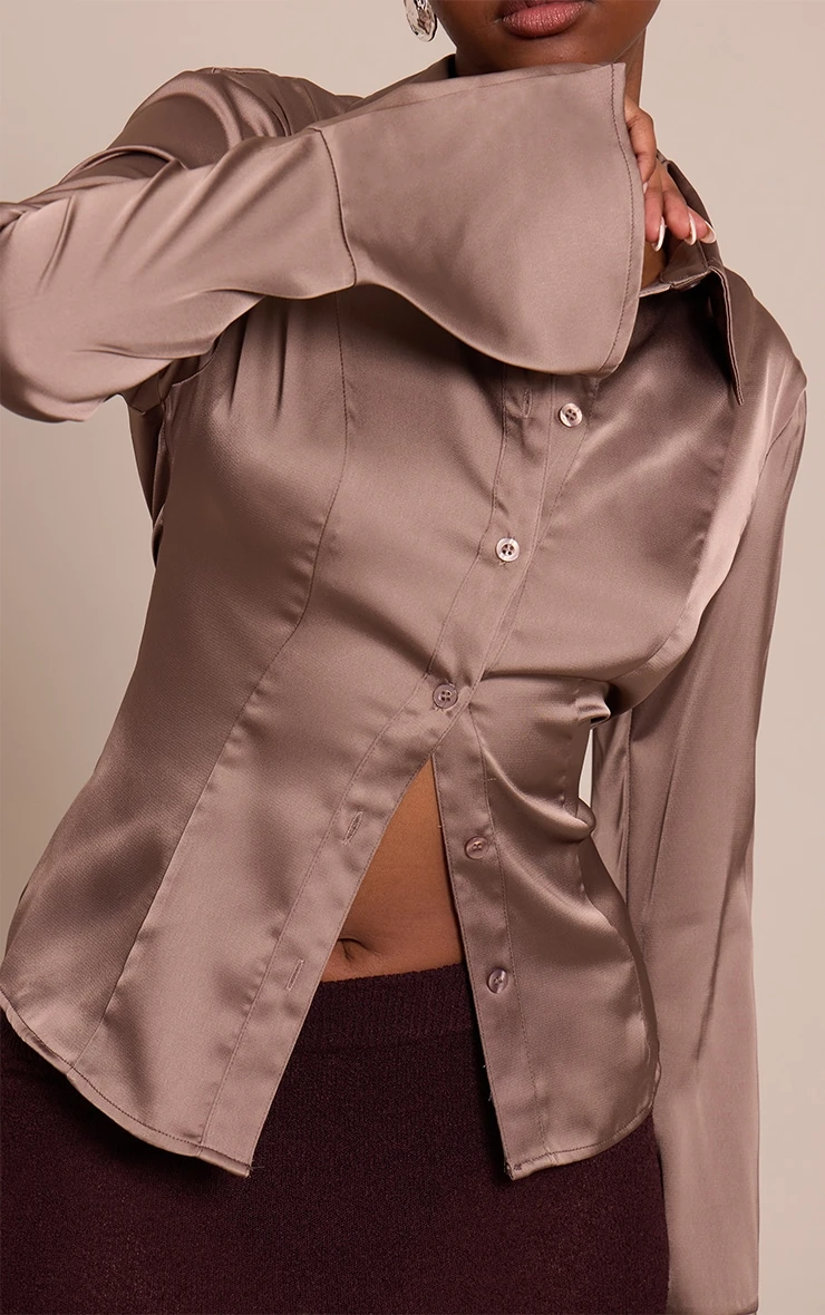 Prettylittlething Mushroom Satin Flared Sleeve Fitted Shirt 4 Prettylittlething Mushroom Satin Flared Sleeve Fitted Shirt - Image 4