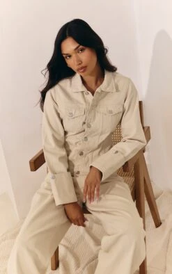 Prettylittlething Ecru Turn Up Cuff Cinched Back Denim Jacket