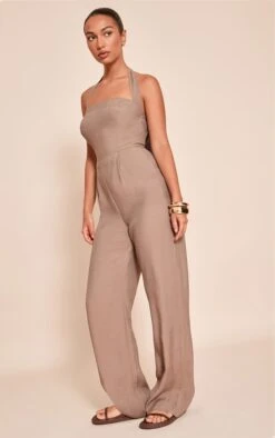 Prettylittlething Mushroom Woven Textured Halterneck Jumpsuit -Pretty Little Thing Shop 4912149ca965b341925771b2ff8f43203a2b72ac CNN5504 3 mushroom woven textured halterneck jumpsuit
