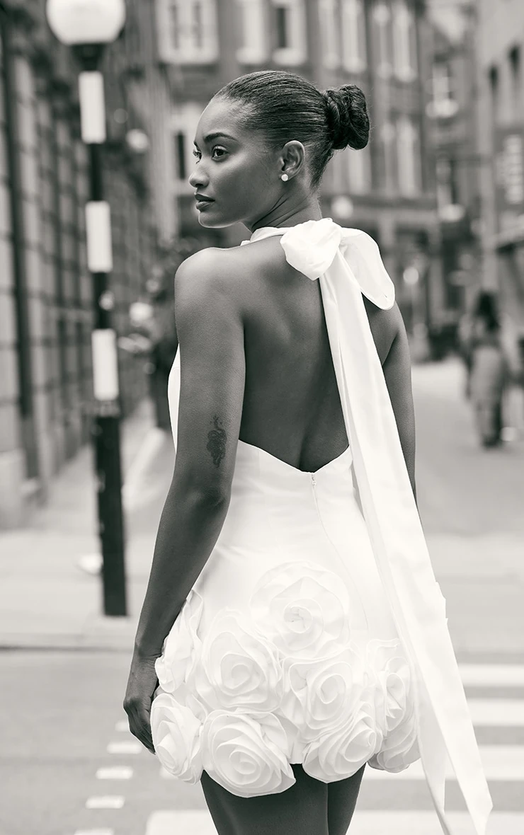 Prettylittlething Premium White Woven Floral Ruffle Detail High Neck Cowl Bodycon Dress - Image 2