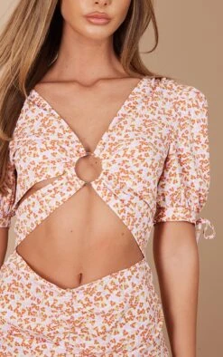 Orange Floral Print Chiffon Ring Detail Cut Out Bodycon Dress -Pretty Little Thing Shop 4989d15d1128a980df612c834adb3c44e5dbd8c7 cnd1216 4
