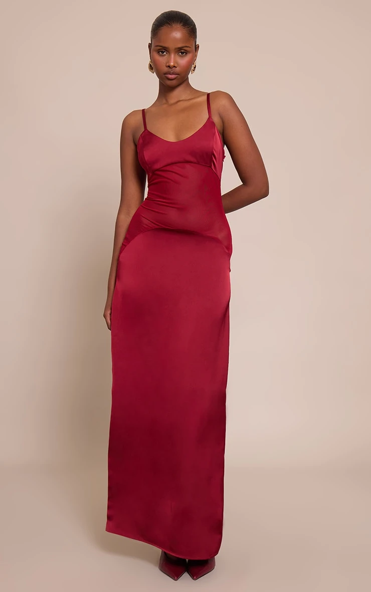 Prettylittlething Deep Plum Satin Scoop Neck Mesh Detail Maxi Dress