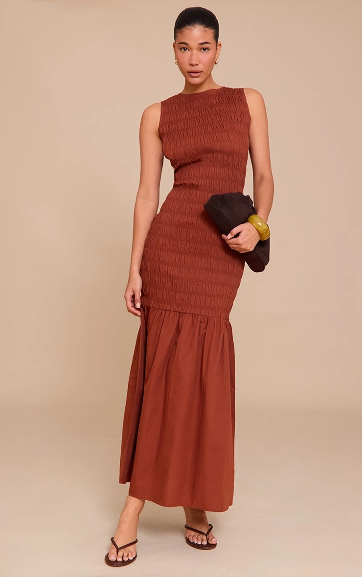 Prettylittlething Chestnut Shirred Detail Drop Waist Maxi Dress 1 Prettylittlething Chestnut Shirred Detail Drop Waist Maxi Dress