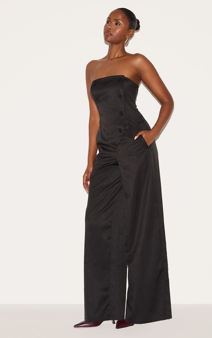 Prettylittlething Black Tailored Woven Button Up Wide Leg Bandeau Jumpsuit - Image 3