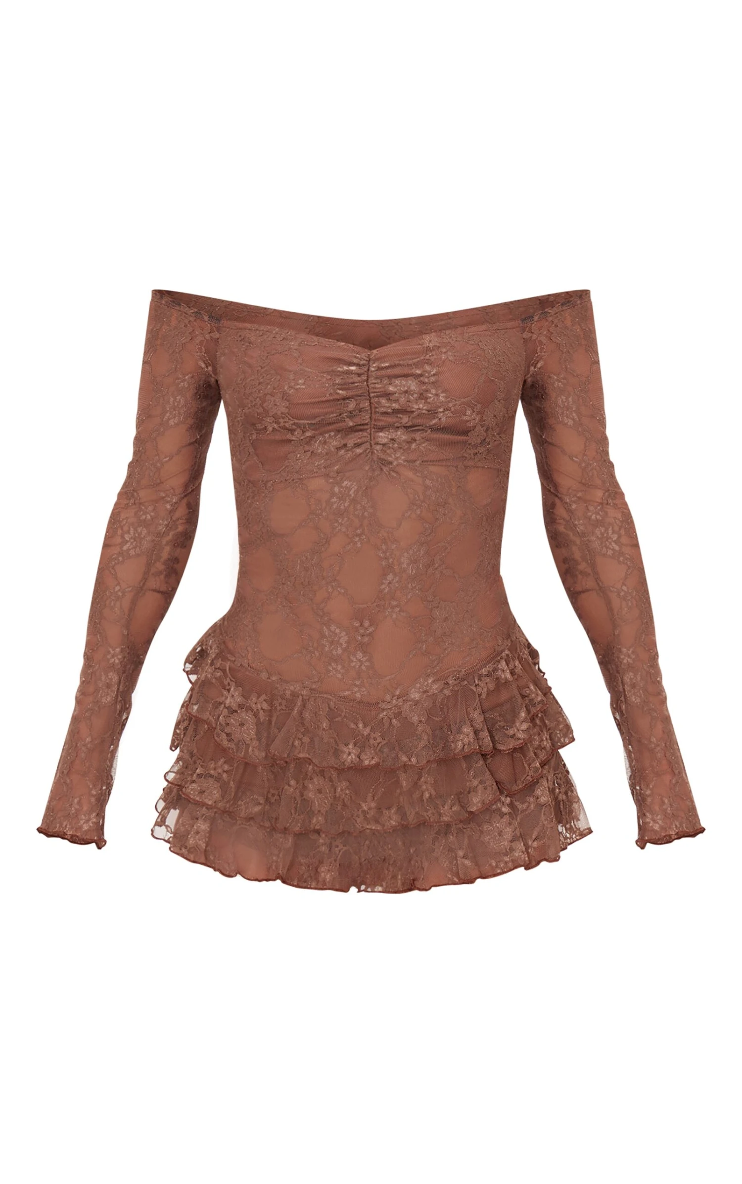 Prettylittlething Chocolate Lace Bardot Rara Skort Romper 5 Prettylittlething Chocolate Lace Bardot Rara Skort Romper - Image 5