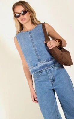 Prettylittlething Mid Blue Wash Round Neck Sleeveless Boxy Denim Top
