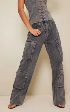 Prettylittlething Grey Acid Wash Cargo Pocket Detail Slim Wide Leg Jeans -Pretty Little Thing Shop 4a02456553263b633add0b4445c1d7ef4533acfb cna7321 2