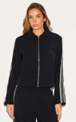 Prettylittlething Black Side Stripe Woven Cropped Jacket
