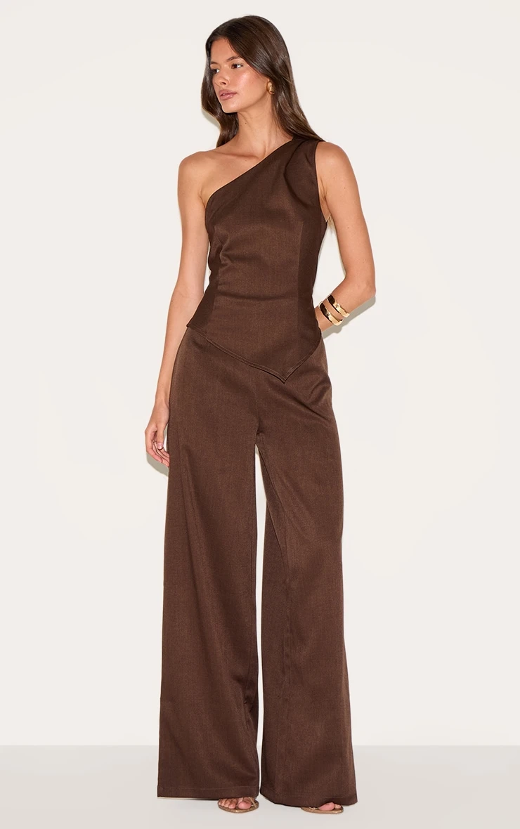 Prettylittlething Chocolate Woven One Shoulder Wide Leg Jumpsuit 1 Prettylittlething Chocolate Woven One Shoulder Wide Leg Jumpsuit