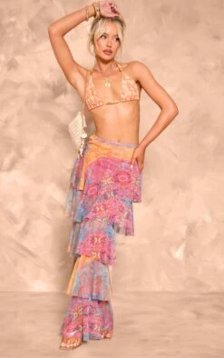 Prettylittlething Multi Patchwork Printed Mesh Rara Maxi Skirt