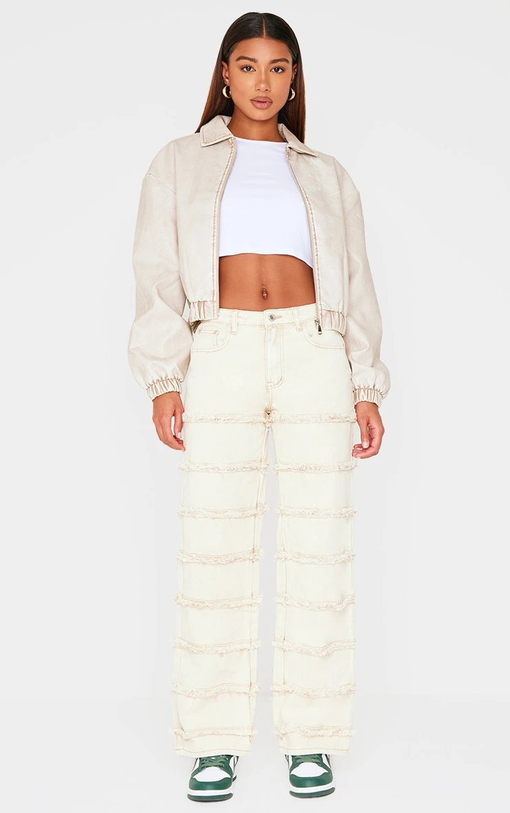 Prettylittlething Washed Stone Frayed Striped Seam Wide Leg Jeans 1 Prettylittlething Washed Stone Frayed Striped Seam Wide Leg Jeans