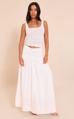 Prettylittlething White Cotton Poplin Ruched Dropped Waist Maxi Skirt