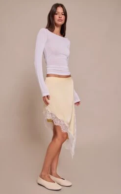 Lemon Satin Lace Trim Asymmetric Midi Skirt -Pretty Little Thing Shop 4ac01c1ad6184ba8bccb3e8d8347f3fe9344eeaf CNN9326 4 lemon satin lace trim asymmetric midi skirt
