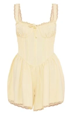 Prettylittlething Lemon Woven Corset Lace Trim Romper -Pretty Little Thing Shop 4ac83c7abf2343eaa8ed7b64466fc6ace60825ce cnj3901 5
