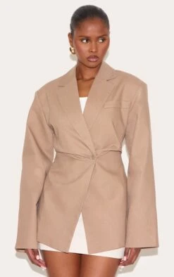 Prettylittlething Taupe Linen Look Tailored Cinched Waist Blazer
