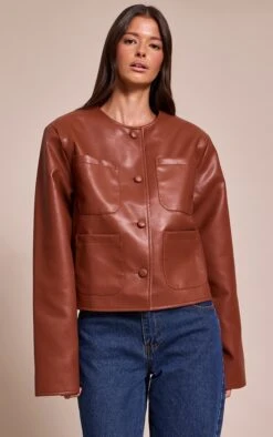 Prettylittlething Tan Pocket Detail Faux Leather Jacket