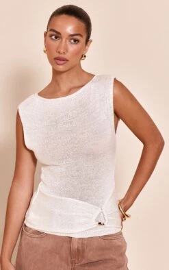 Off White Boat Neck Filagree Trim Top