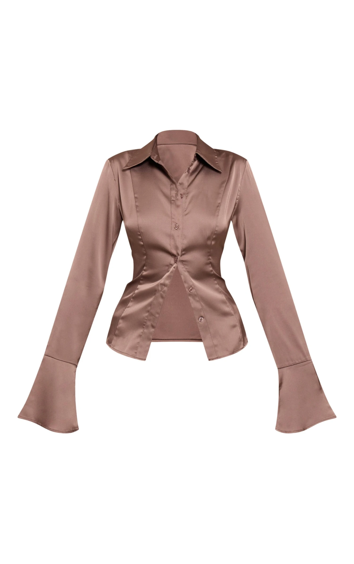 Prettylittlething Mushroom Satin Flared Sleeve Fitted Shirt 5 Prettylittlething Mushroom Satin Flared Sleeve Fitted Shirt - Image 5